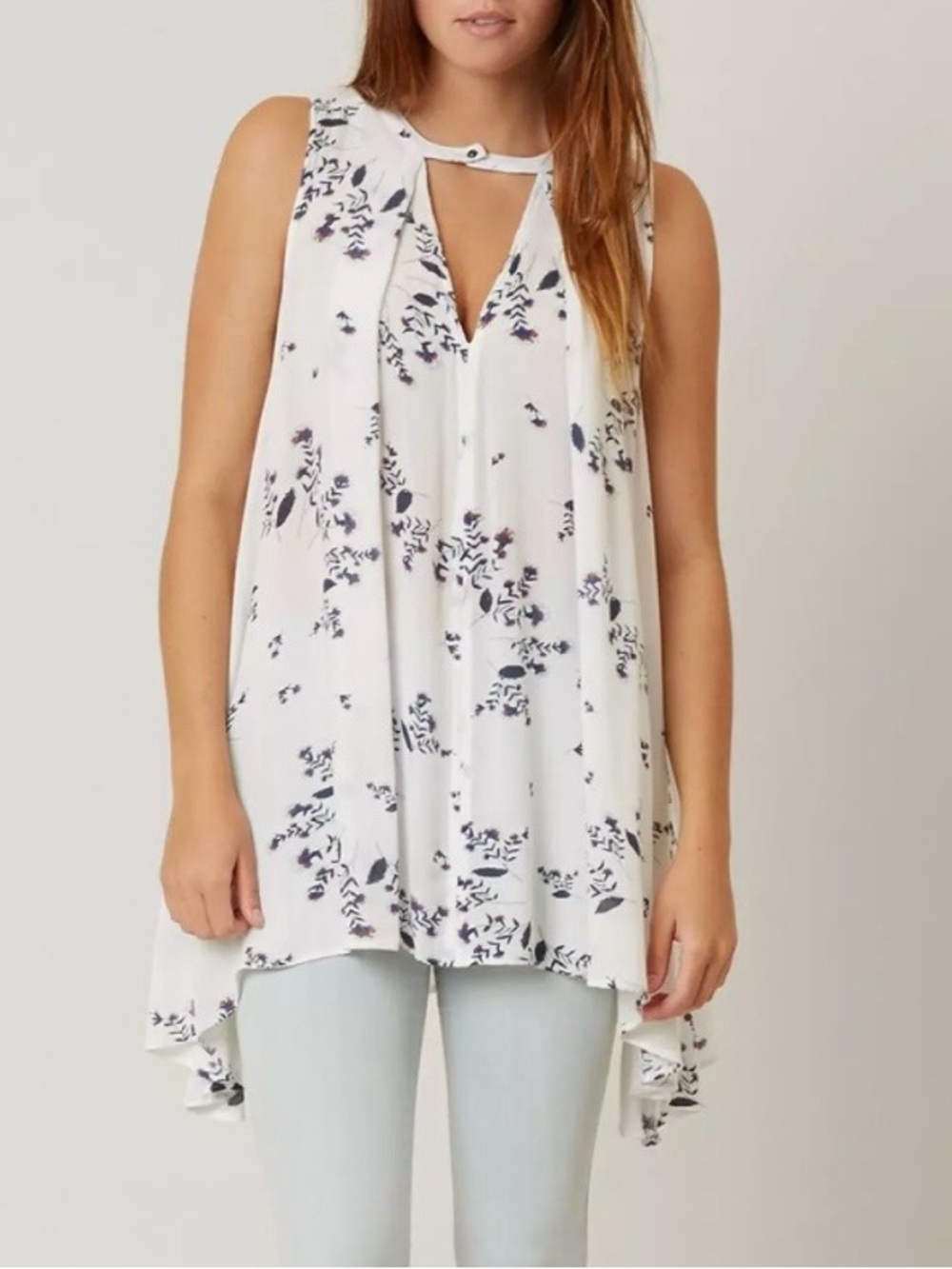 Free People White Floral Sleeveless Keyhole Tunic
